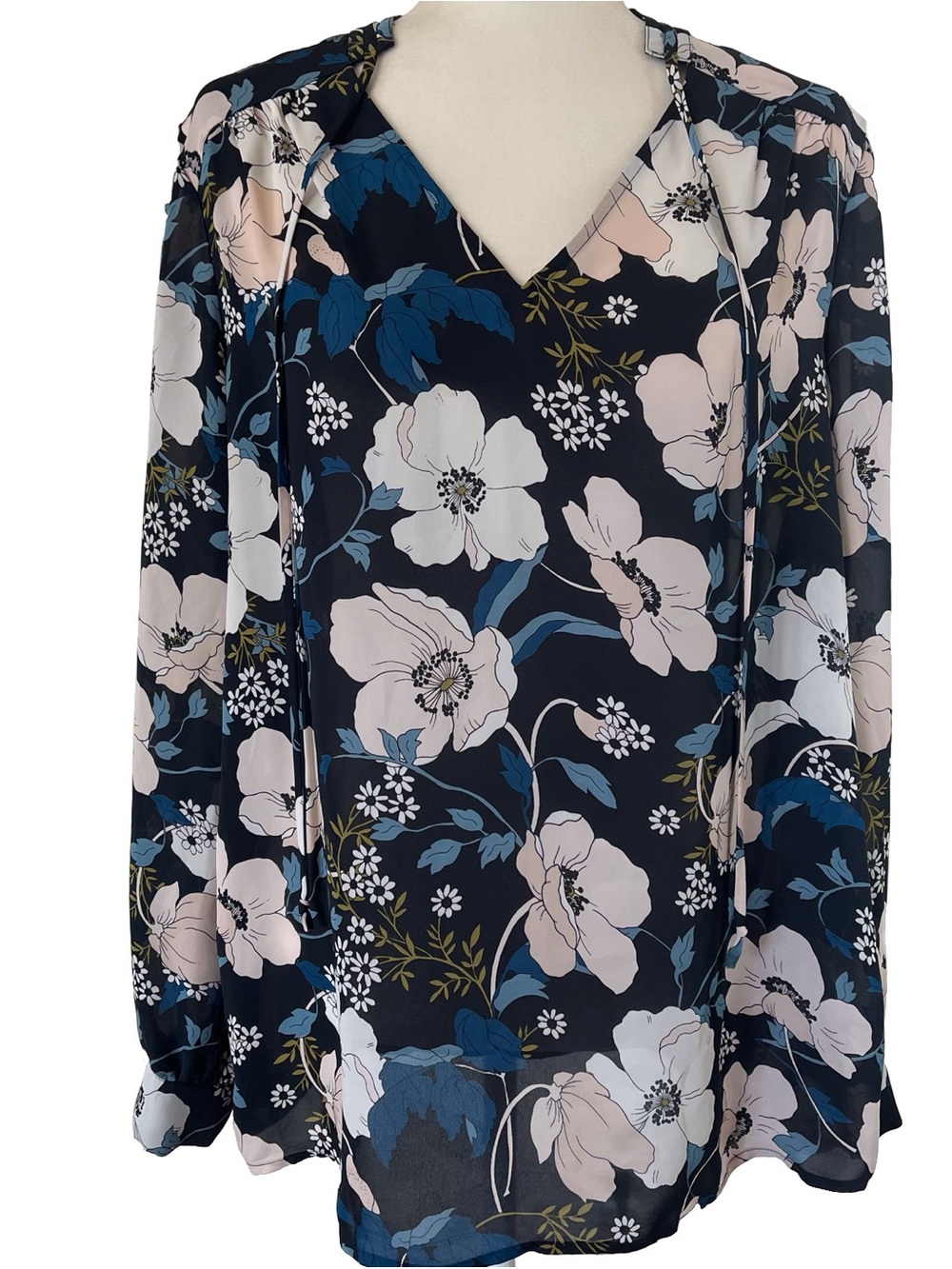 Laundry by Shelli Segal Large Print Floral Blouse Flowy Semi Sheer Size 12